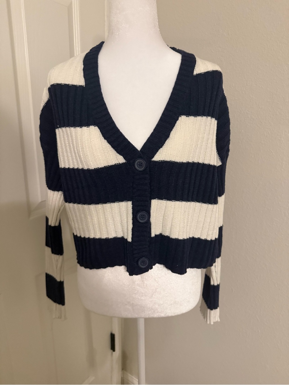 American Eagle Outfitters Navy and White Striped Cropped Cardigan